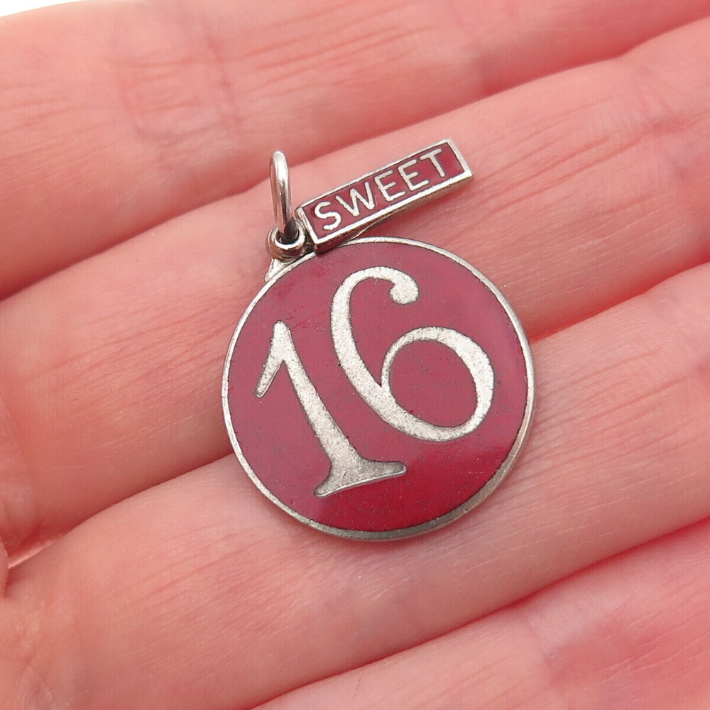 925 Sterling Silver Vintage Enamel Sweet 16 Round Tag Charm Pendant